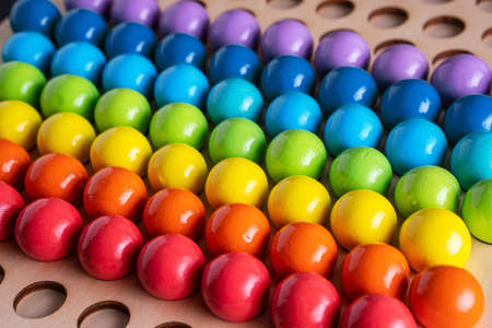 Creative wooden rainbow background, clouse-upの写真素材