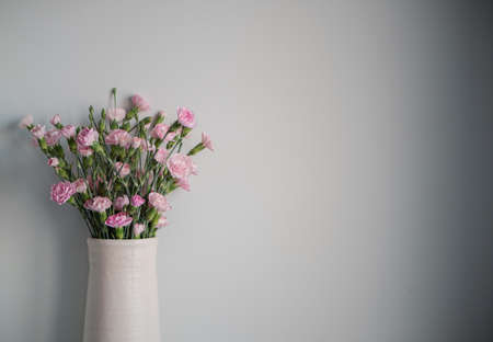 Delicate light pink carnation flowers in vase on a light gray background with copy space
