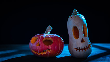 Two Halloween pumpkins in the moonlight on black background. Halloween pumpkin head jack lantern on dark background.の写真素材
