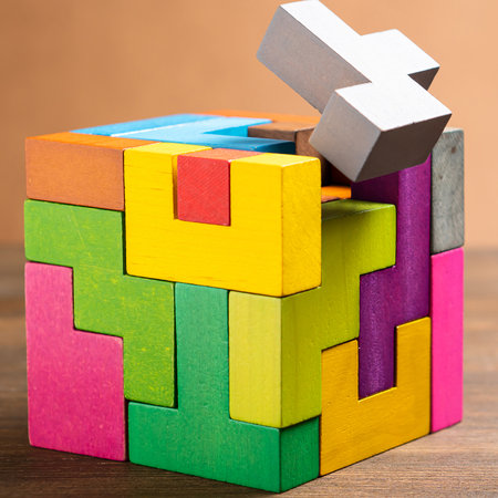 The wooden cube is made of colorful wooden shapes. Geometric shapes in different colors. Logical tasks. Conundrumの写真素材