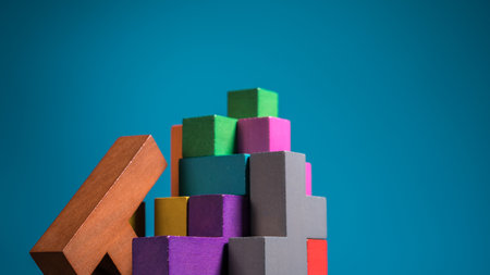 Geometric shapes on a blue background with copy space. top view, flat lay