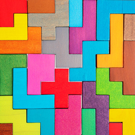 Colorful geometric shapes on a wooden background.の写真素材