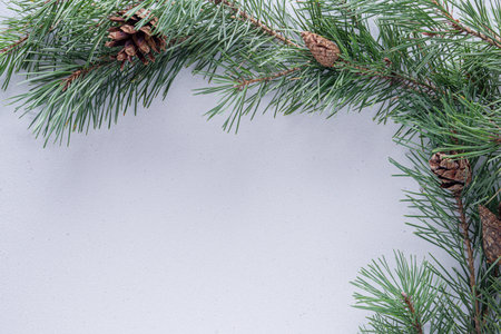 Christmas white background with fir branches. Frame made of fir tree branches and cones with copy space. Christmas wallpaper concept. top viewの写真素材