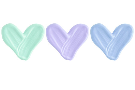 Three colorful cream smears smudge isolated on white background. Cream texture in blue, green and violet color. Facial mask, skincare beauty product swatch closeup.の写真素材