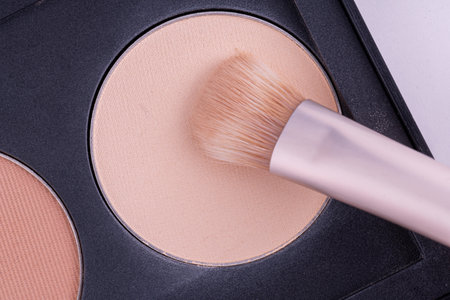 A palette with eye shadows and a makeup brush. Brush gains beige eyeshadows on pile to be used in make-up. Cosmetic swatch of eyeshadows, powder, bronzer or highlighter in brown-beige colorsの写真素材