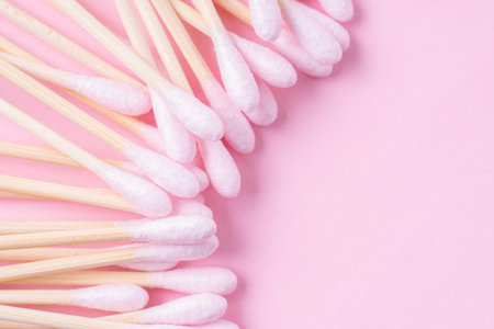 Heap of bamboo cotton swab or wooden ear stick handle. Eco-friendly materialsの写真素材