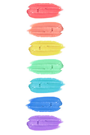 Colorful clay mask smears smudge in rainbow colors isolated on white background. Cream texture in red, orange, yellow, green, blue, indigo, violet colors. Facial mask, skincare beauty product swatch.の写真素材