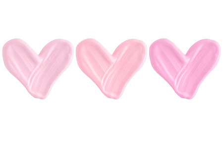 Set of hearts from liquid lipstick in pink and lavender pastel colors isolated on white background. Lipstick smear smudge texture different hue colors isolated on white background.の写真素材