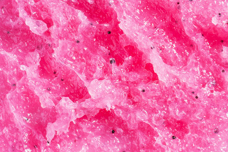 Pink scrub background. Raspberry, strawberry scrub texture, cosmetics skincare, body peeling. Flat lay, top view. macroの写真素材