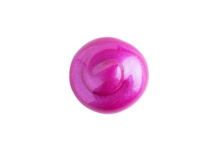 Pink shimmer swatch of lip gloss, cosmetic product stroke or paint, macro. Swatches of purple, violet lipgloss or paint isolated on white background.の写真素材