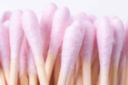 Heap of light pink cotton buds, macroの写真素材