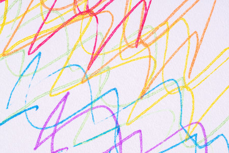 Abstract hand drawn colorful pencils on white paper background. Closeupの写真素材