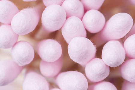 Heap of bamboo pink cotton swabs, top view, macroの写真素材