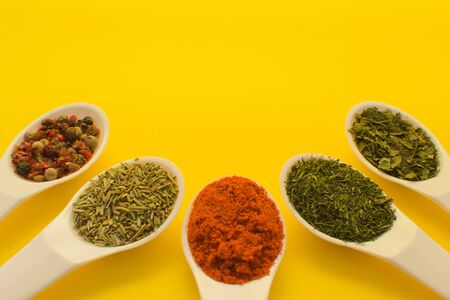 Spices and herbs isolated on yellow の写真素材