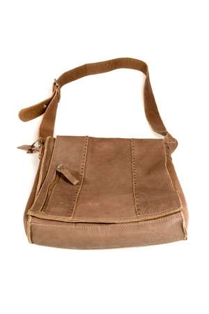 Men's brown leather bag on white groundの写真素材