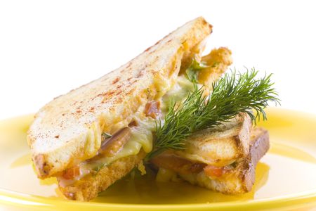 Sandwich or panini with cheese and tomato. decorated with dill.の写真素材