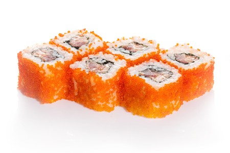 Salmon sushi maki with caviar on white groundの写真素材
