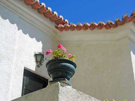 Detail of a vase with flowes, in a typical house in Sines, Portugalの写真素材