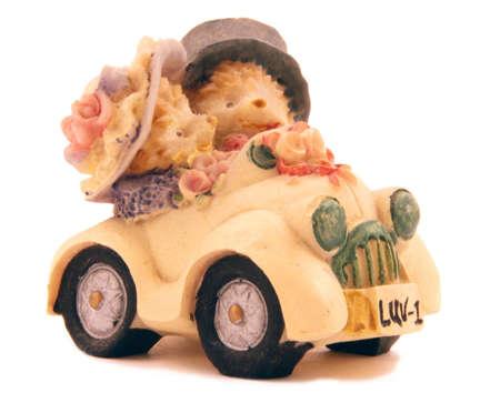 Souvenir depicting two bears riding a carの写真素材