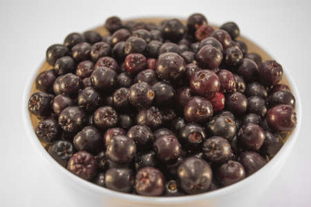 Fresh and tasty aronia in a bowl. Water droplets on fruit are visibleの写真素材