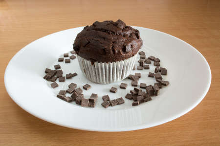 Isolated sweet chocolate cupcake in white plate. Plate and cupcakes are covered with chocolate crumbsの写真素材
