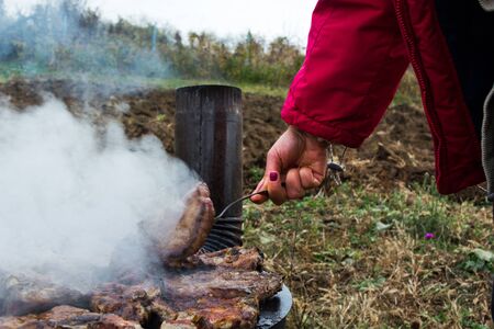 Grilled meat, pork, beef and chicken meat on barbecue, grill.の写真素材