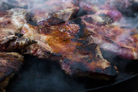 Grilled meat, pork, beef and chicken meat on barbecue, grill.