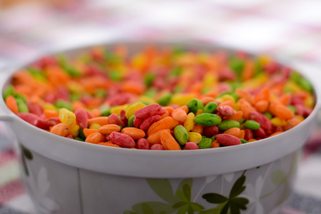 Puffed crispy colorful rice in the bowl. Healthy breakfast