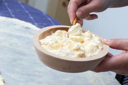 Making of Homemade cheese Pie or other kind of pastry. Female hands putting cheese on phyllo dough...