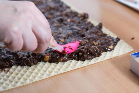 Coating chocolate topping with wallnuts on cake crust for rolled chocolate cakeの写真素材