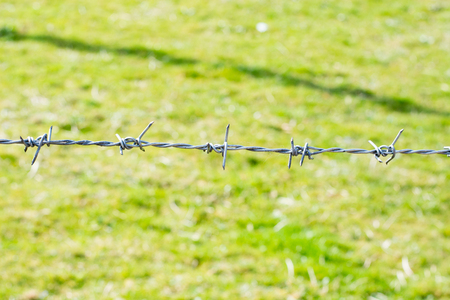 close-up the barbwire on the fence building. Blurred green backgroundの写真素材