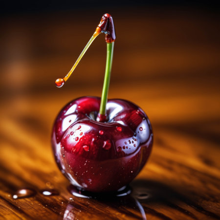 Macro shot of cherry in water puddleの素材