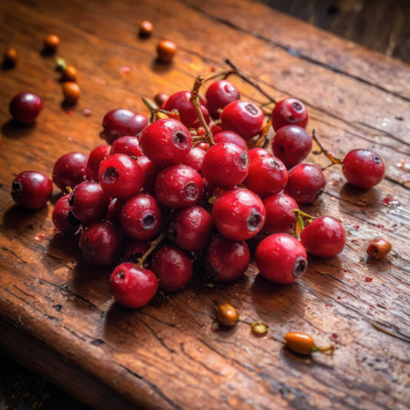 hawthorn berry, Hawthorn scattered on the wooden tableの素材