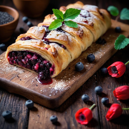 chokeberry strudel, poppy seeds and berries scattered on the wooden tableの素材