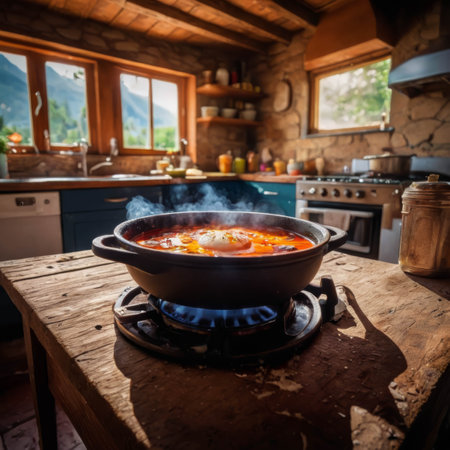 stew in a bowl on a stove top. Gas stoveの素材