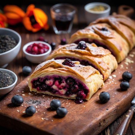 chokeberry strudel, poppy seeds and berries scattered on the wooden tableの素材