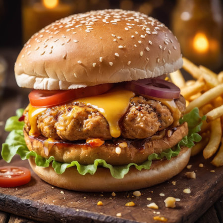 Tasty burger with tomato, and pickles, close up shot on wooden tableの素材