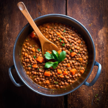 a delicious boiling hot lentils in a bowl. Top shot. Decorated with leavesの素材