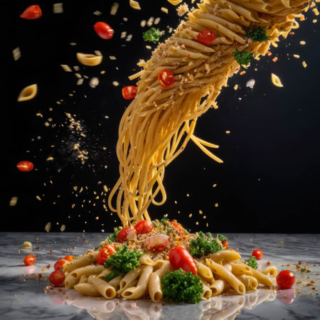 Italian pasta with vegetables flying with parmesan. Abstract imageの素材