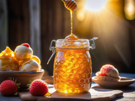 Close-up of a jar of honey with a honey dipper on a wooden table with a green natural background.の素材