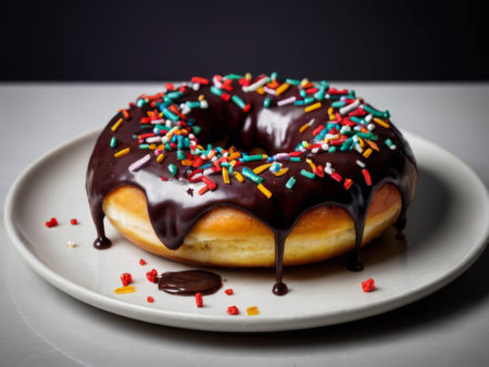 Chocolate donuts on the table. Colorful with sweets and candiesの素材