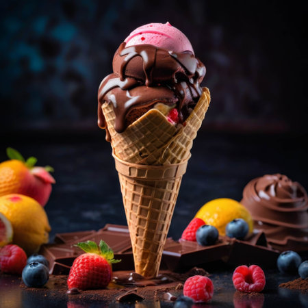 Strawberry and chocolate ice-cream in cone standing on the table. Chocolate,  strawberries and other fruits scattered on the tableの素材