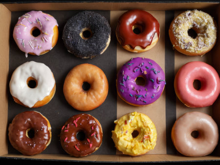 Chocolate donuts on the table. Colorful with sweets and candiesの素材