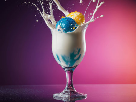 Colorfull ice-cream in glass. Milk splashing. Poppy colorsの素材