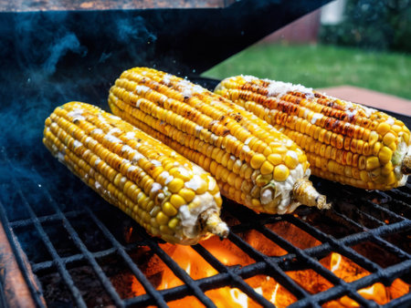 Roasted sweet corns on the grill. Grilled ripe and tasty corn cobs for babrecue.の素材