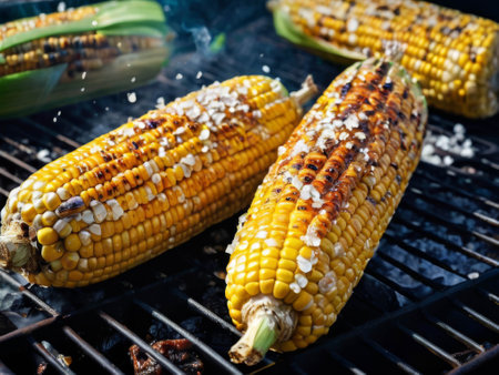 Roasted sweet corns on the grill. Grilled ripe and tasty corn cobs for babrecue.の素材