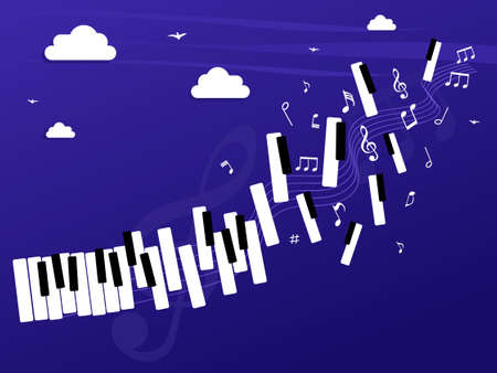 Color music icon. Piano and music color notes on blue background. Abstract sheet of music.のイラスト素材