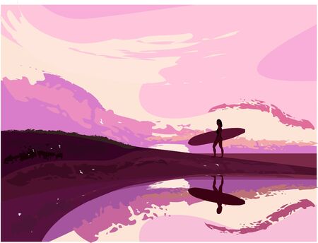Surfer on beach during twilightのイラスト素材