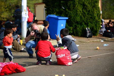 October 6,2015; Hegyeshalom in Hungary. Group of refugees leaving Hungary. They came to Hegyeshalom...