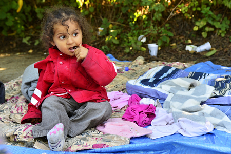 October 4, 2015; Bapska in Serbia. Group of refugees leaving Serbia. They came to Bapska by buses and then they leaving Serbia and go to Croatia and then to Germany. Many of them escapes from home because of civil war.のeditorial素材